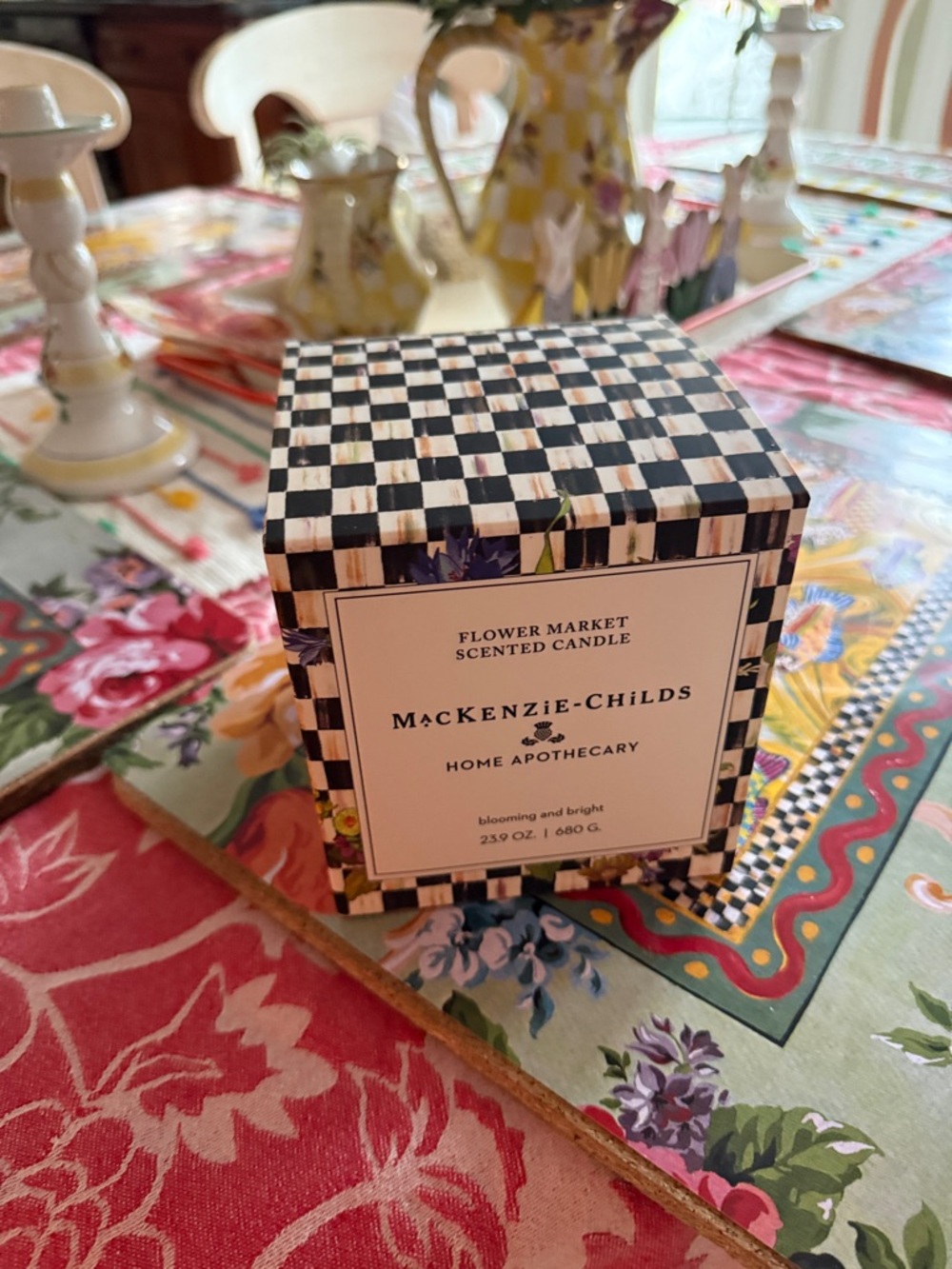 MacKenzie-Childs Black & White Check Floral Candle Box